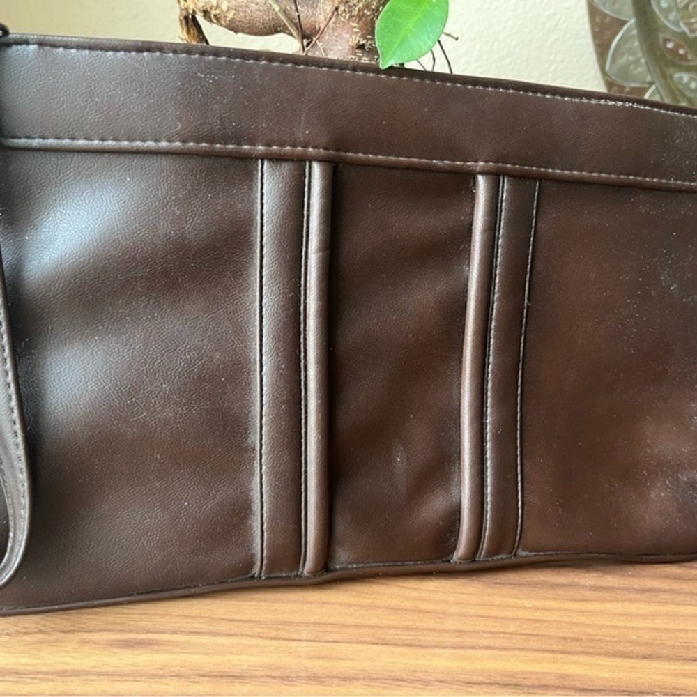 Vintage Brown Leather Clutch Wristlet with Stitched Panel Detail